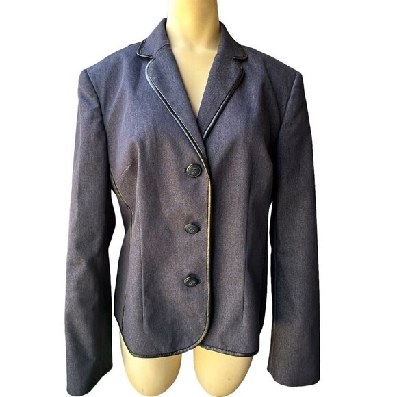 Evan Picone Jacket Denim Chambray Blue Blazer Faux Leather Trim Women's 12 VTG - Picture 1 of 11